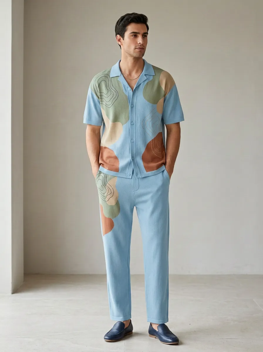 Men's Abstract Topographic Pattern Printed Casual Set Everyday Design