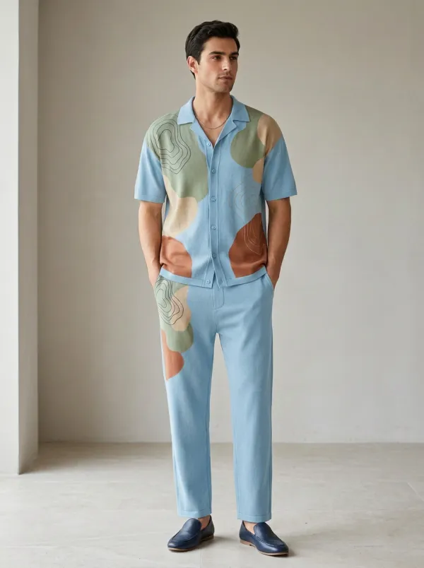 Men's Abstract Topographic Pattern Printed Casual Set Everyday Design