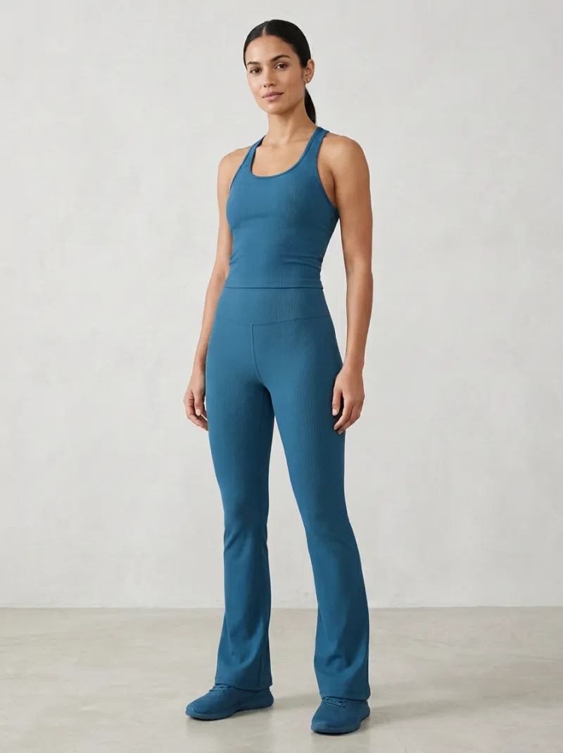 Women's Artisan Inspired Ribbed Yoga Inspired Fitness Inspired Tank Top and Flare Pants Active Set