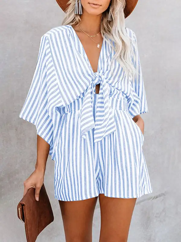 Slim Waist Striped Deep V Trumpet Jumpsuit