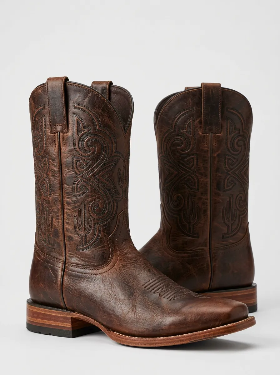 Outlaw-Inspired Cactus Embroidered Country Style Men's Western Cowboy Boots