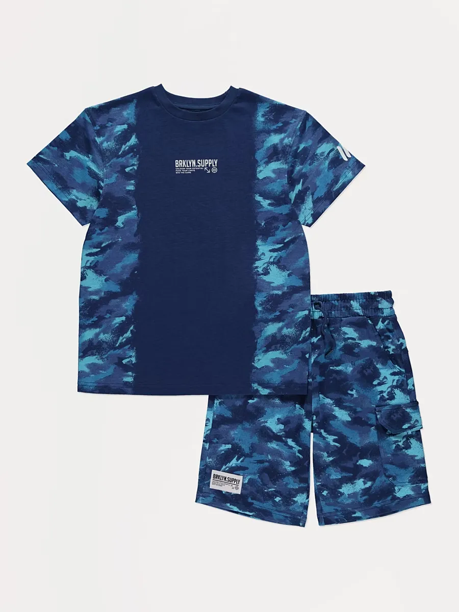 Blue Ombre Camouflage T-Shirt and Shorts Set