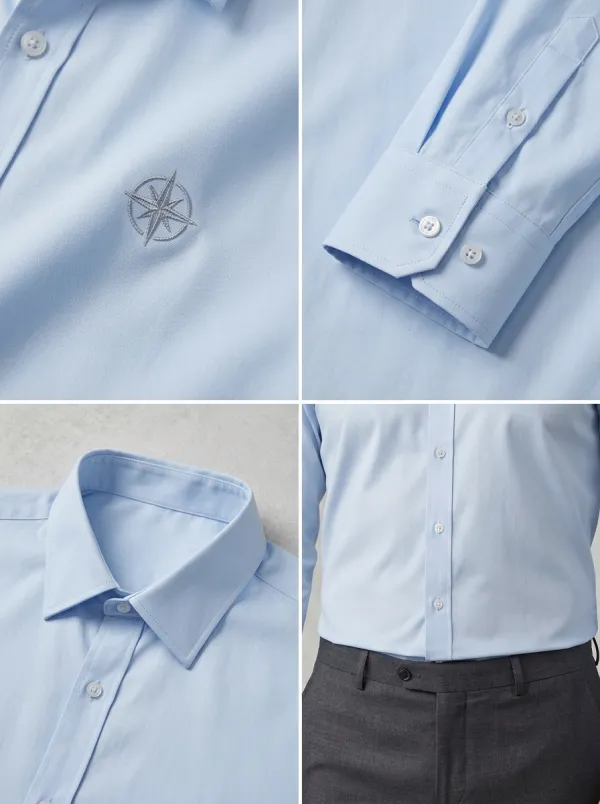 Men's Non-Iron Cotton Compass Embroidered Long Sleeve Shirt