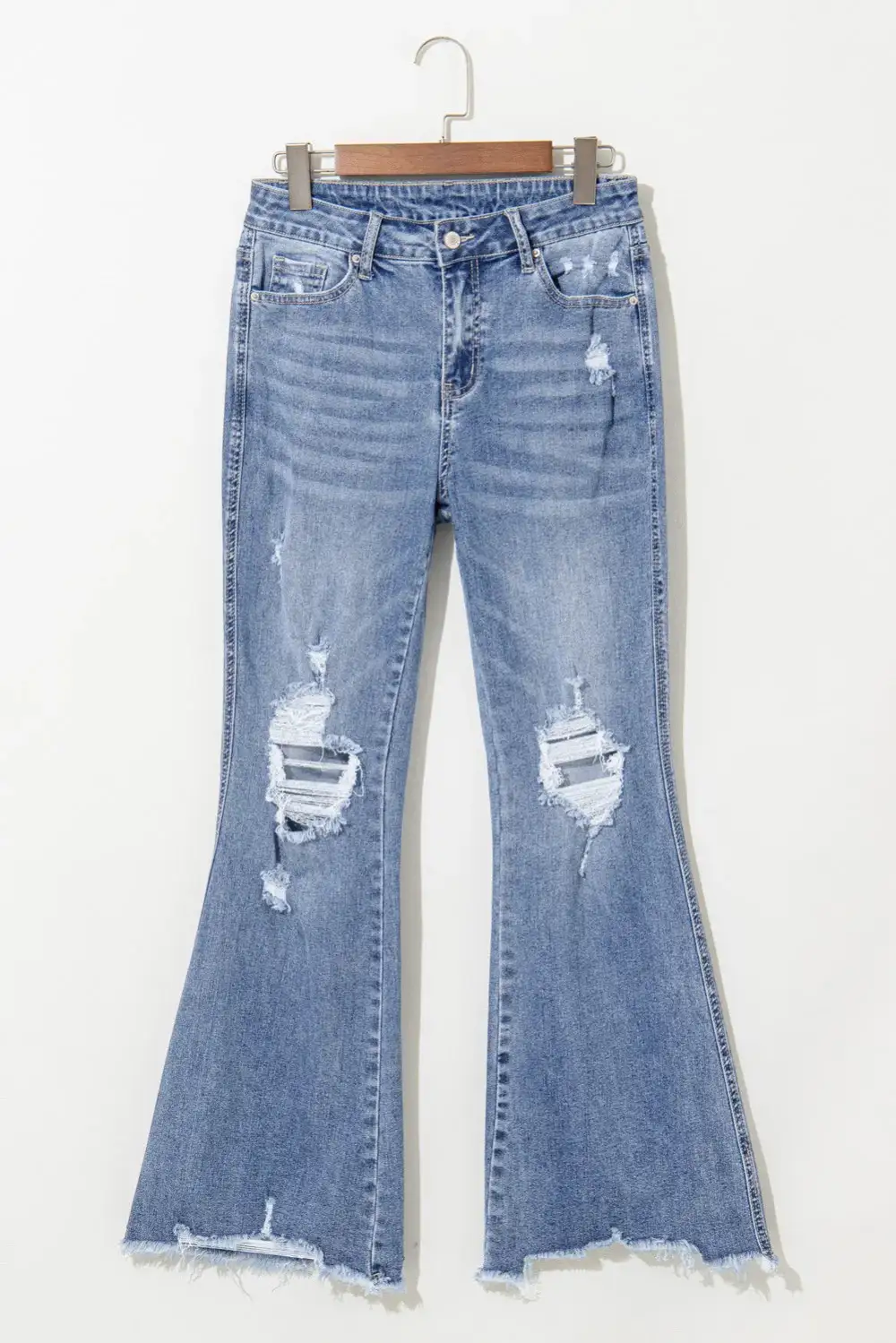 Structured Flare Leg Raw Hem Distressed Denim Jeans