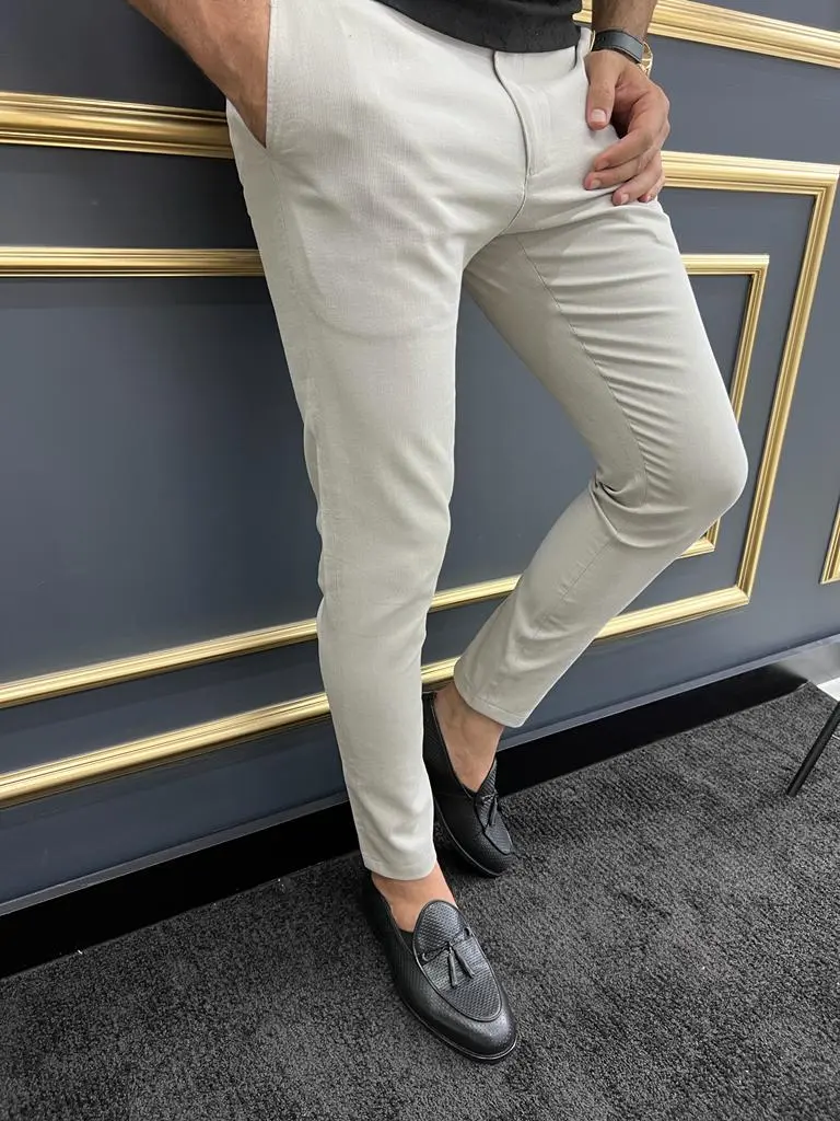 Modern Check Pattern Slim Fit Textured Pique Tailored Trousers