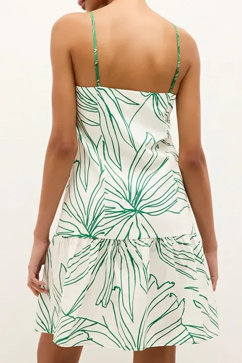 White Palm Print Flounce Hem Mini Dress