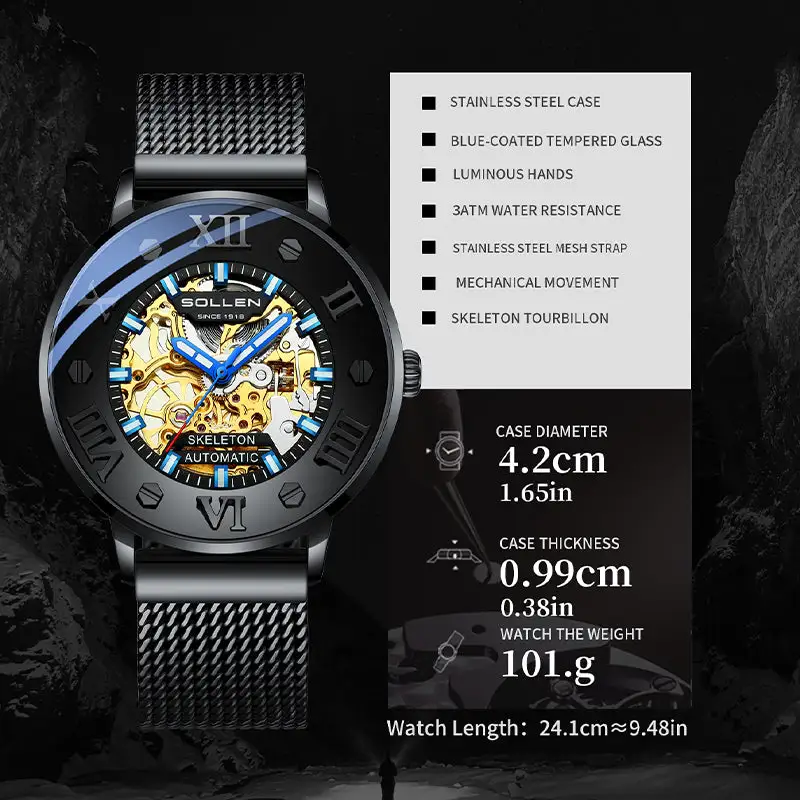 Sollen SL307 Men's Full Skeleton Automatic Mechanical Watch - 42mm Stainless Steel Case Slim 9.9mm Roman Numeral Bezel Mesh Bracelet Wristwatch