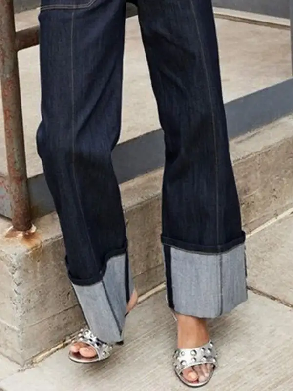 Contrast Panel High Waist Straight Leg Seamed Jeans