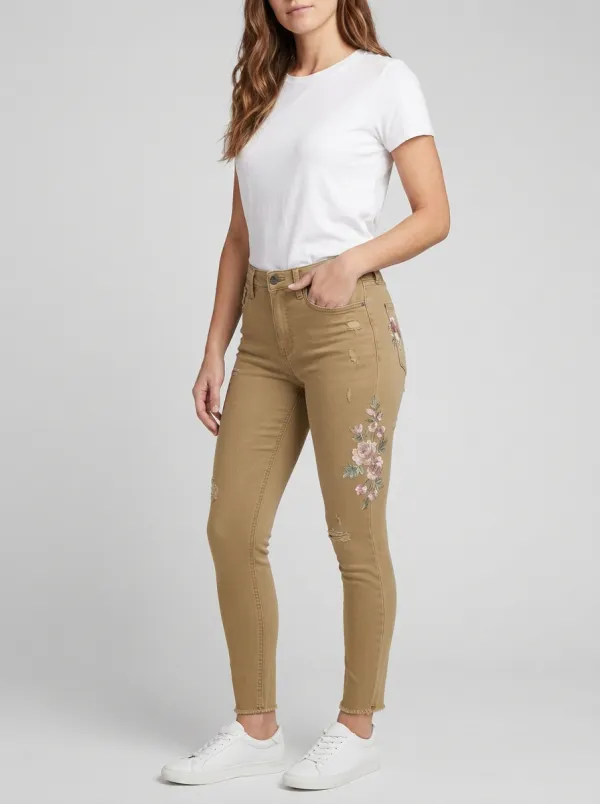Women's Floral Embroidered Distressed Printed Slim Jeans