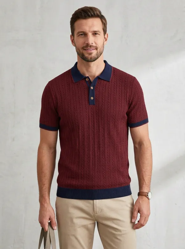 Men's Casual Vintage Cable Knit Textured Polo Shirt