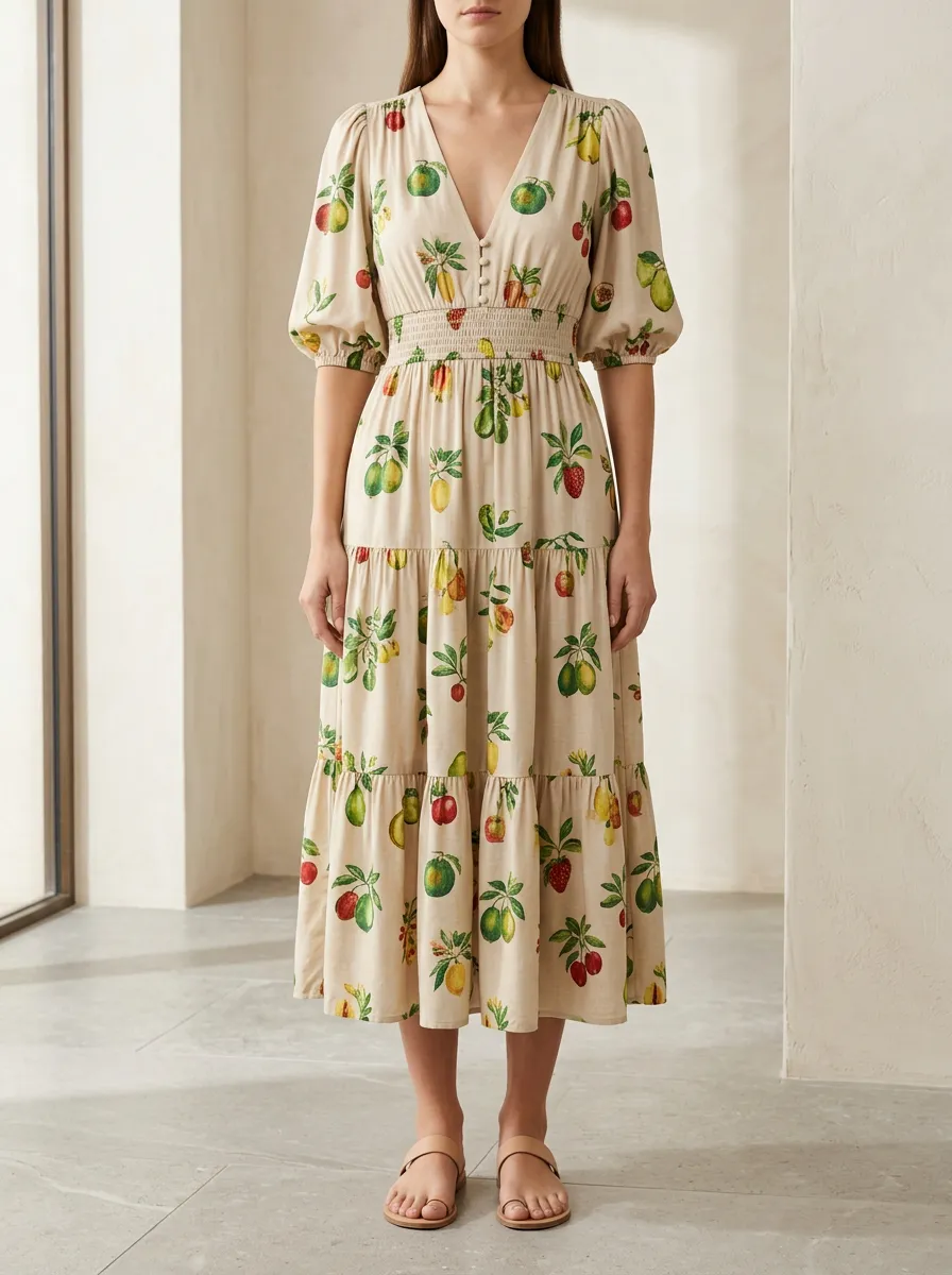 Women's Softly Structured Fruit Printed Midi Dress
