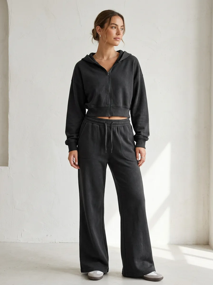 Women's Outdoor Inspired Sport Inspired Cropped Hooded Jacket and Flare Pants Active Set