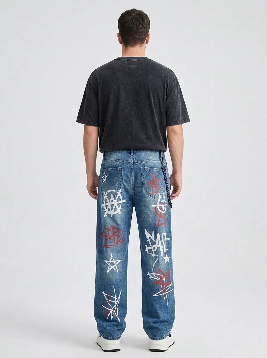 Unisex Casual Streetwear Graffiti Star Jeans