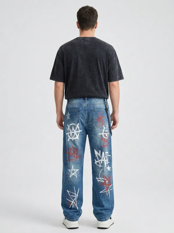 Unisex Casual Streetwear Graffiti Star Jeans