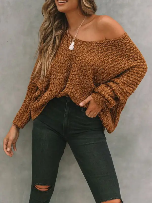 V-Neck Long Sleeve Relaxed Fit Pullover Sweater