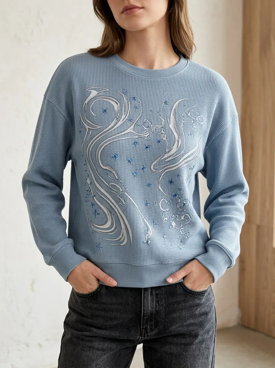 Women's Celestial Swirl Star Graphic Waffle Knit Crewneck Sweatshirt