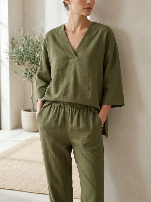 Short-Sleeve Linen-Blend Women's V-Neck Shirt