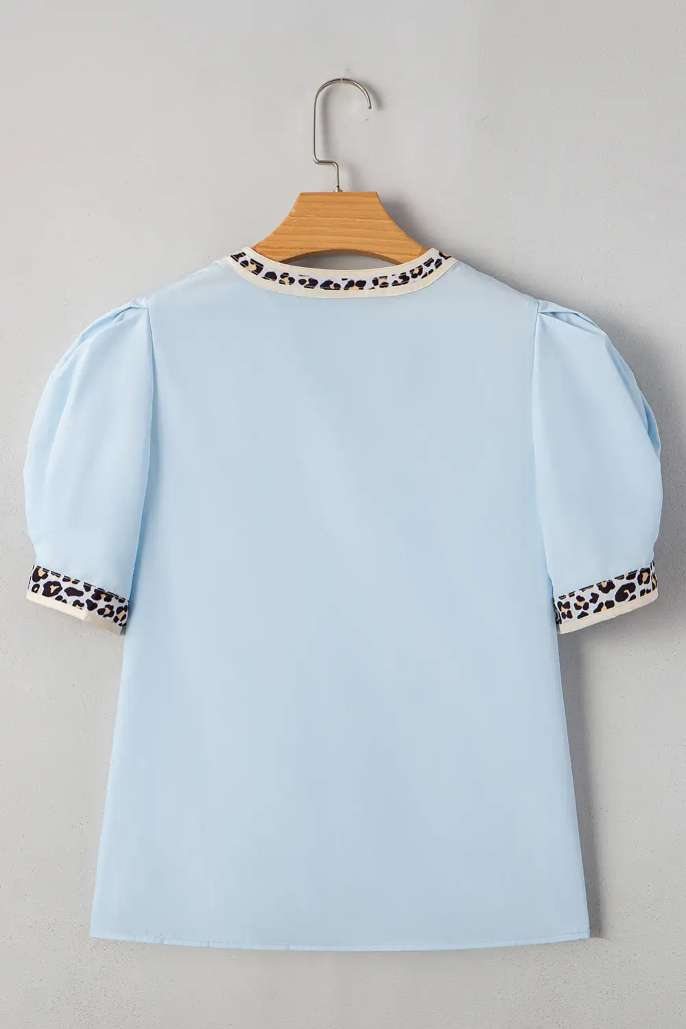 Leopard Print Puff Sleeve Split Neck Blouse