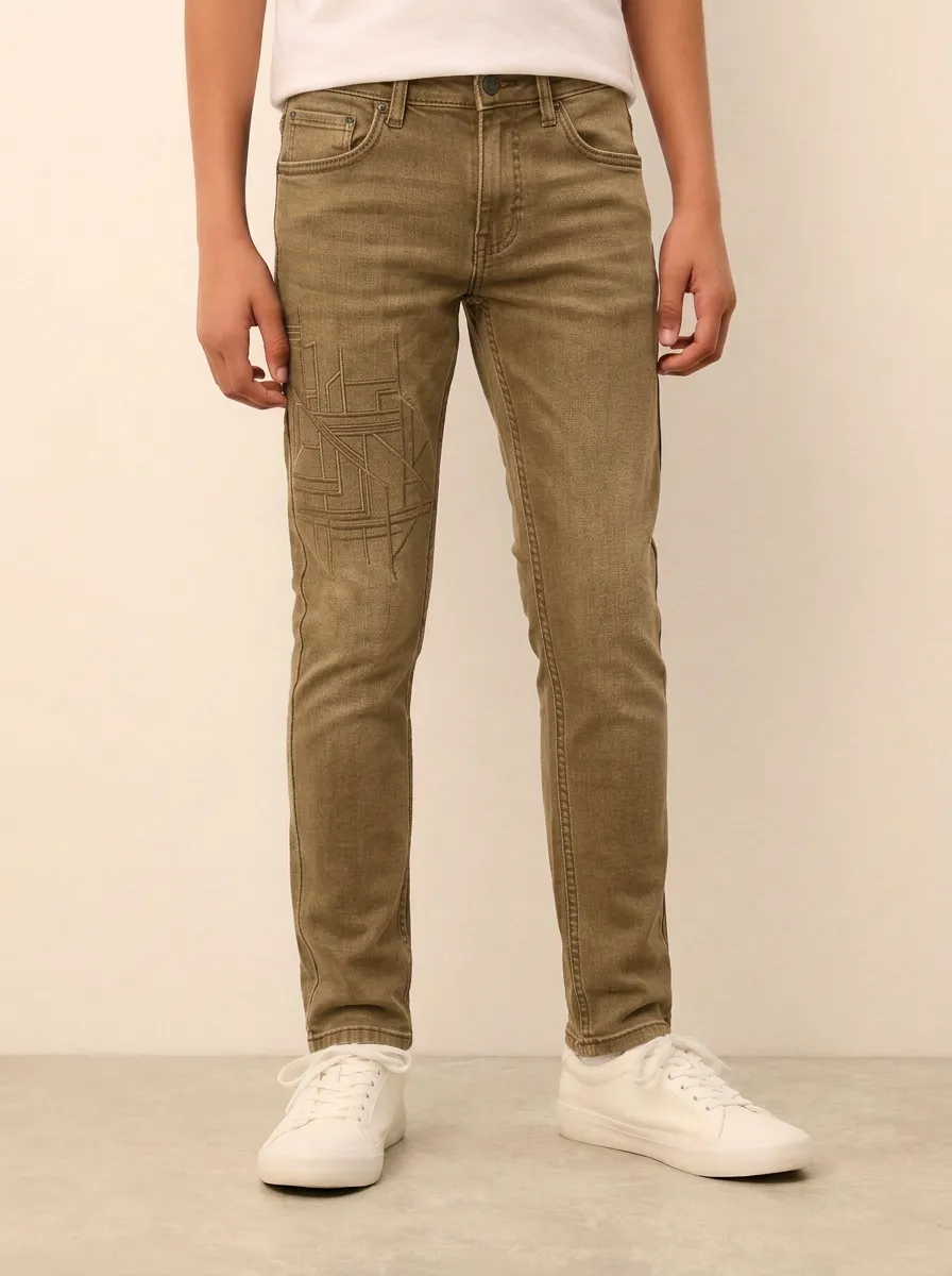 Men's Geometric Pattern Embroidered Stretch Jeans