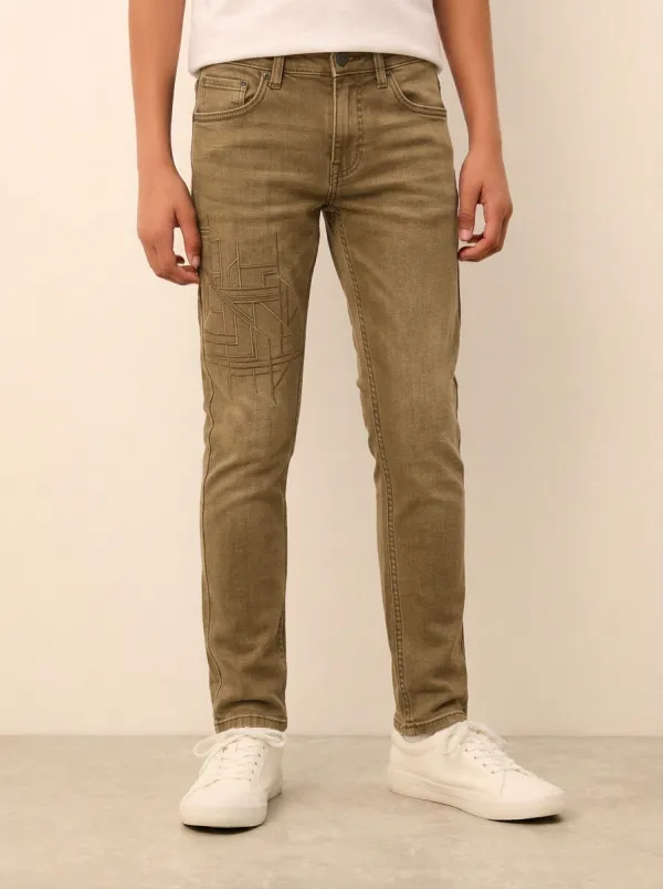 Men's Geometric Pattern Embroidered Stretch Jeans