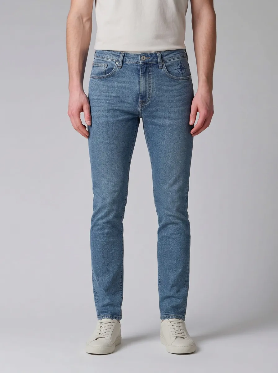 Men's Compass Emblem Embroidered Printed Stretch Jeans