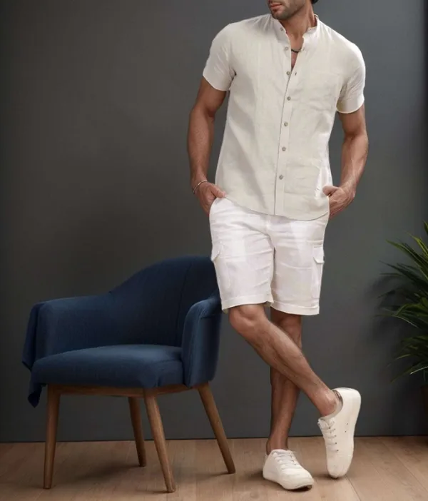 Light Grey Linen Mandarin Collar Shirt