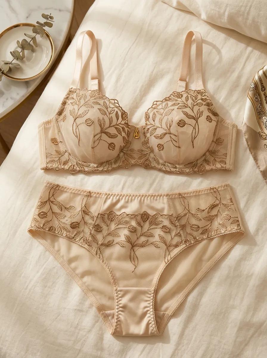 Women's Floral Embroidery Mesh Champagne Lingerie Set