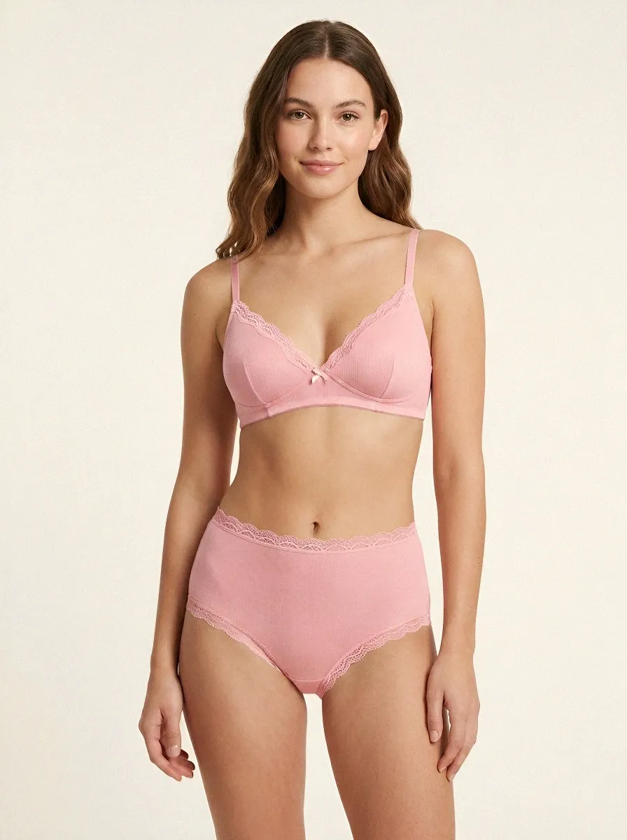 Women's Ribbed Lace Trim Bralette and Panty Set