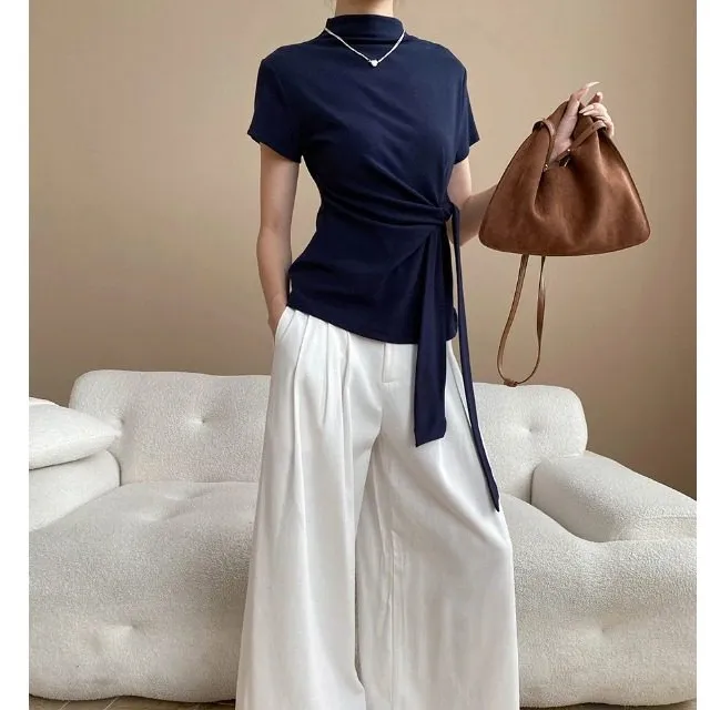 Versatile Semi-High Neck Tie-Waist Short Sleeve T-Shirt