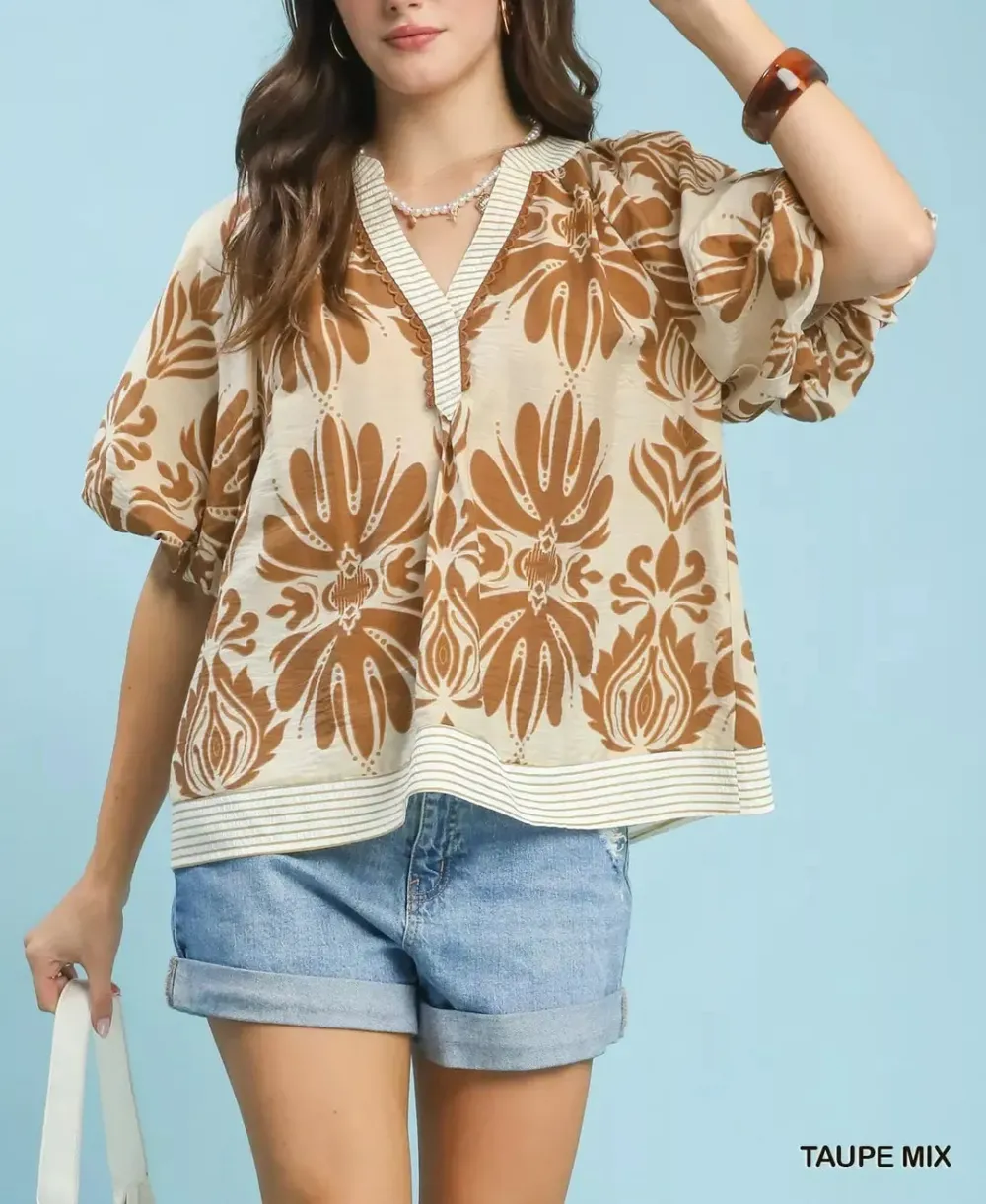 Mix Printed Puff Sleeve Top With Contrast Trim
