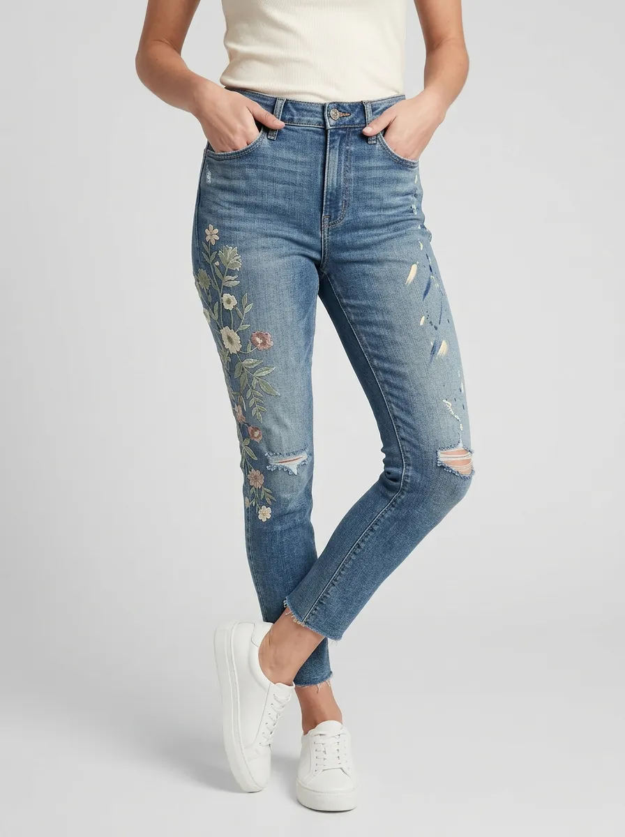 Women's Sierra Floral Embroidery Distressed Printed Slim Jeans