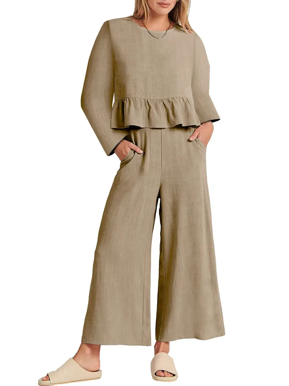 Ruffled Hem Long Sleeve Top and Pants Set