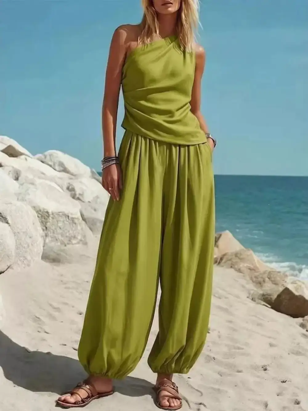 Full Size One Shoulder Top and Wide Leg Pants