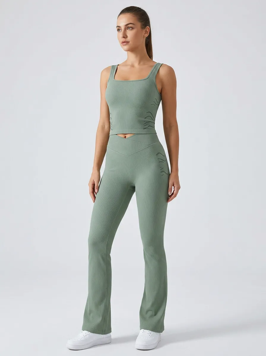 Women's Sage Green Ribbed Seamless Yoga Printed Workout Set