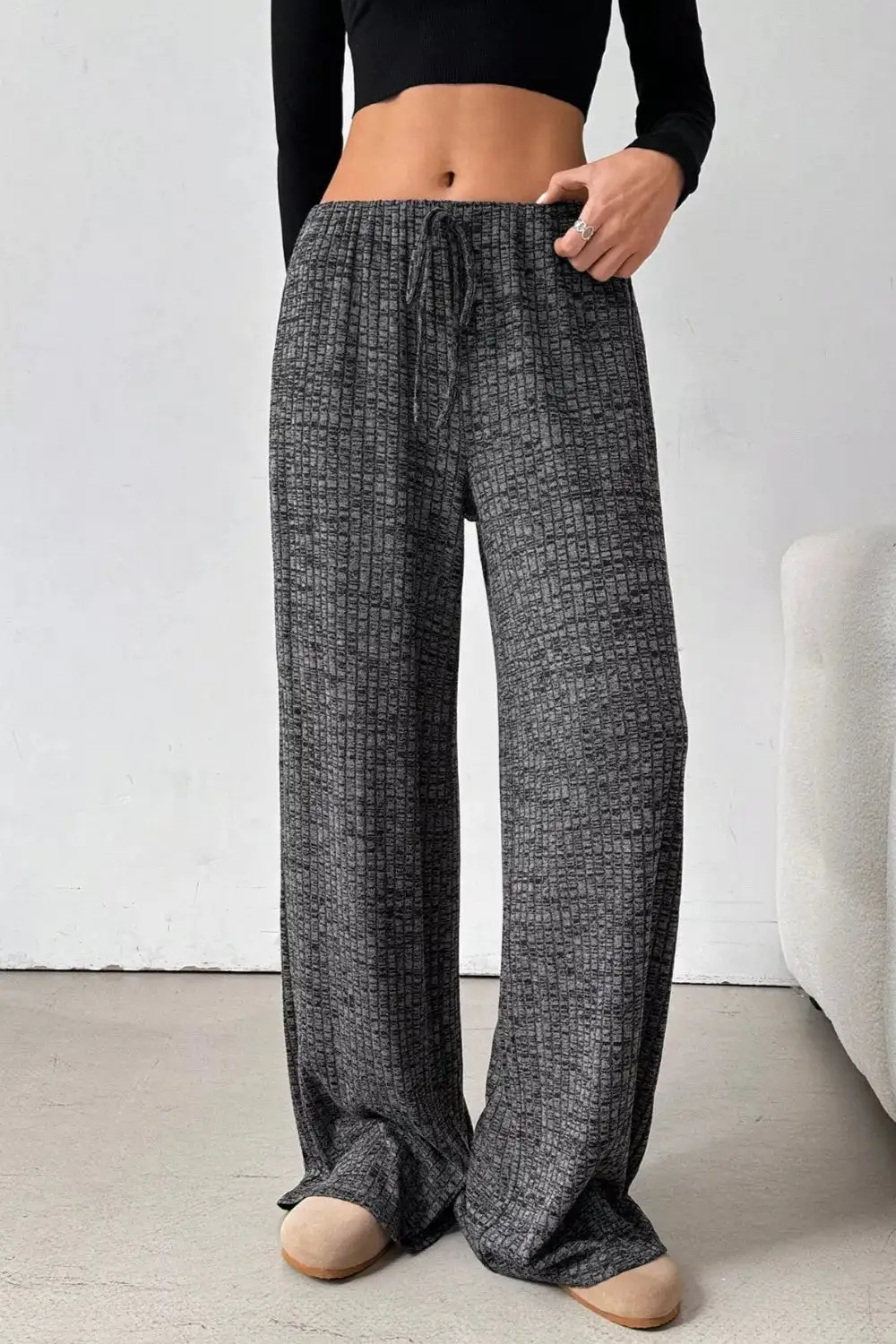 Ribbed Knit Drawstring Wide Leg Pants