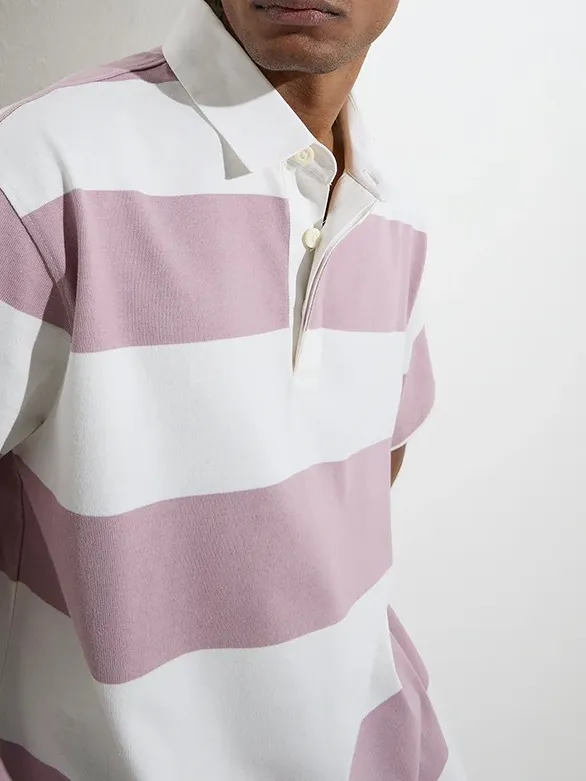 Lilac Striped Loose Cotton-Blend Polo T-Shirt