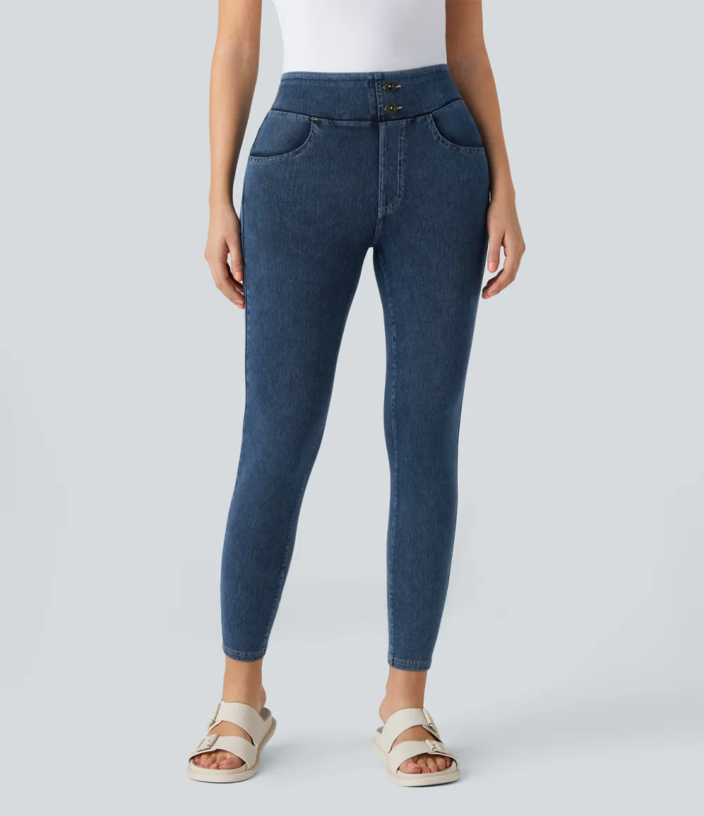 Magic Curvy High Waisted Decorative Button Multiple Pockets Stretchy Knit Denim Casual 7/8 Leggings