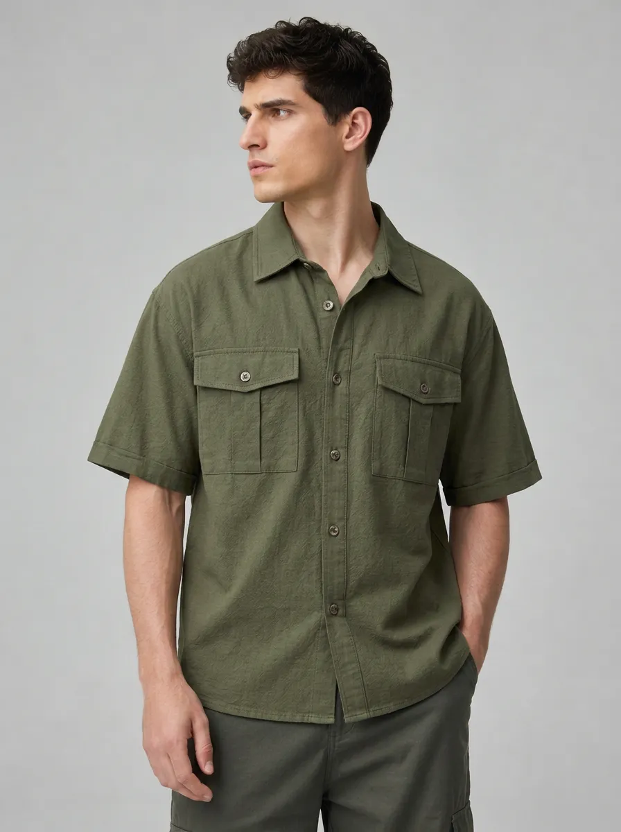 Men's Casual Olive Green Utility Pocket Button Down Shirt