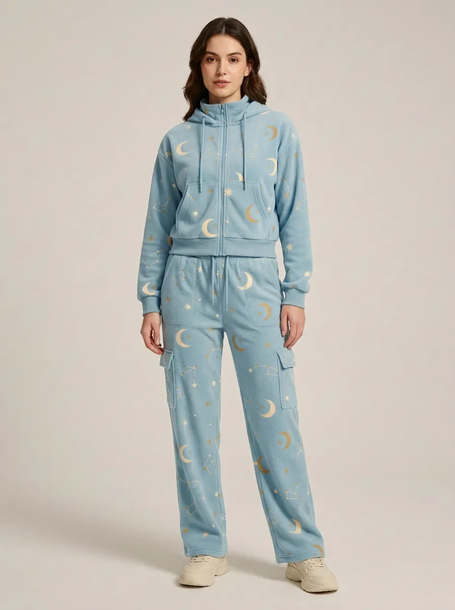Women's Celestial Print Zip-Up Hoodie And Cargo Jogger Set