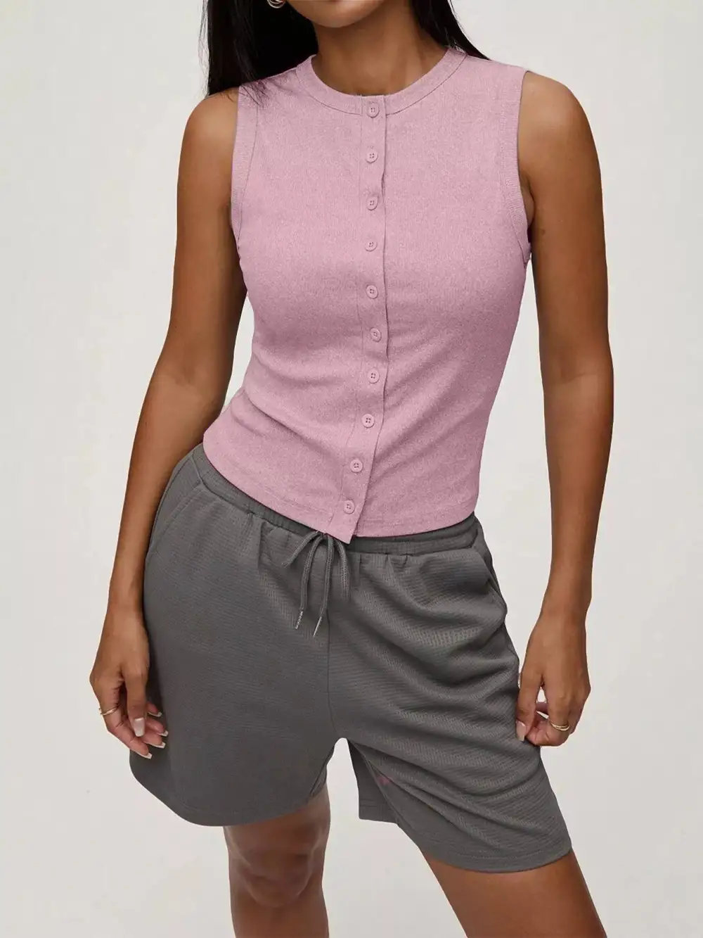 Ribbed Button Front Sleeveless Tank