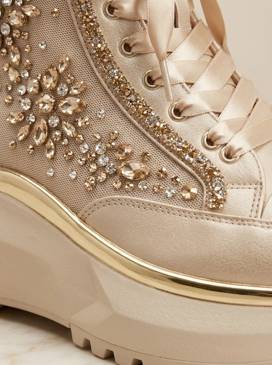 Lace-Detail Mesh Lace-Up High-Top Women's Rhinestone Platform Shoes