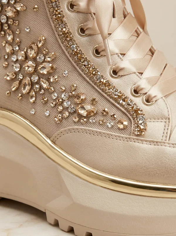 Lace-Detail Mesh Lace-Up High-Top Women's Rhinestone Platform Shoes