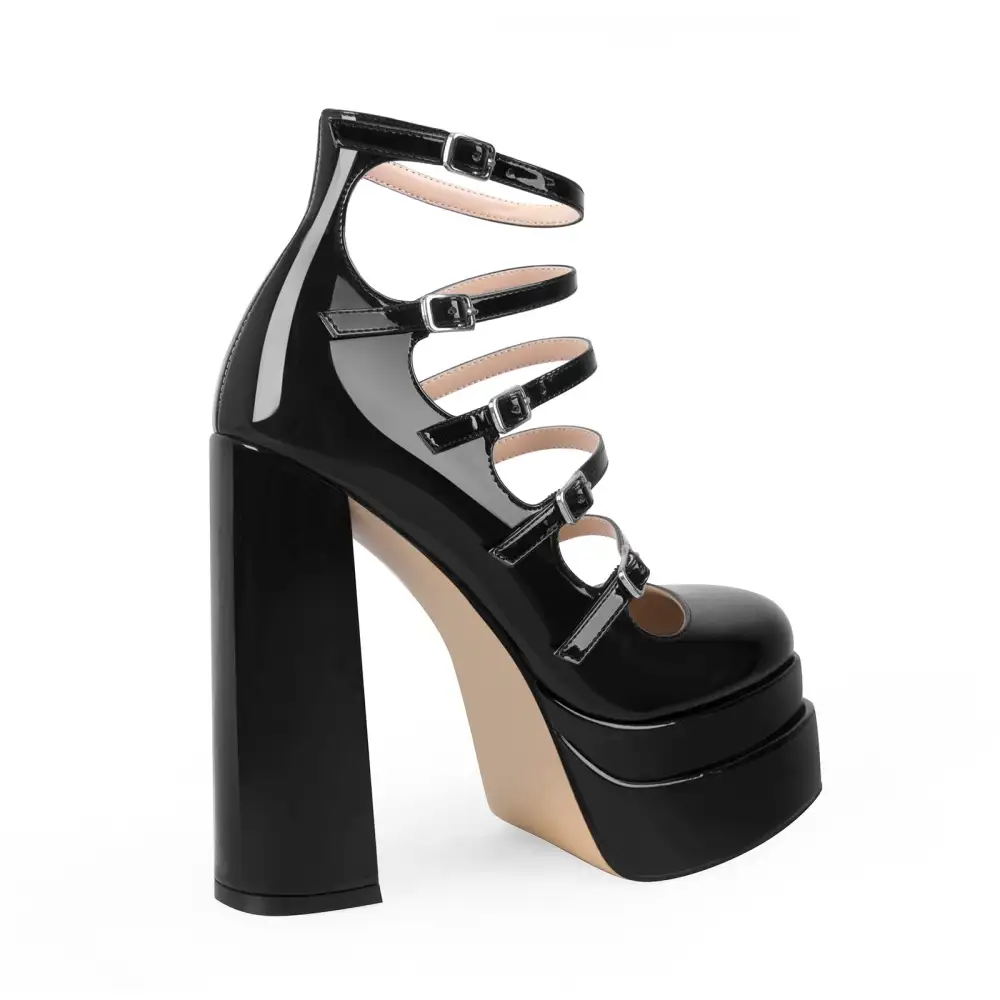 Square Toe Double Platform Chunky Heel Pumps