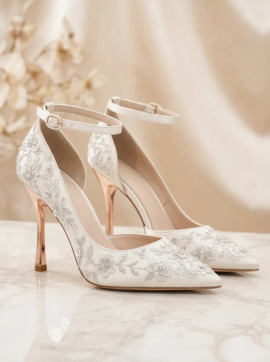 Floral Embroidered Buckle-Strap Ankle-Strap Women's Formal High Heels