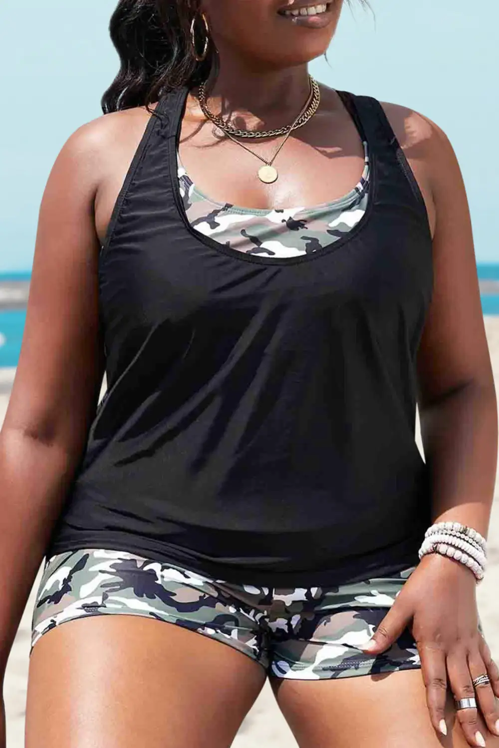 Swimwear Camouflage Criss Cross Plus Size 3 Piece Bikini Set
