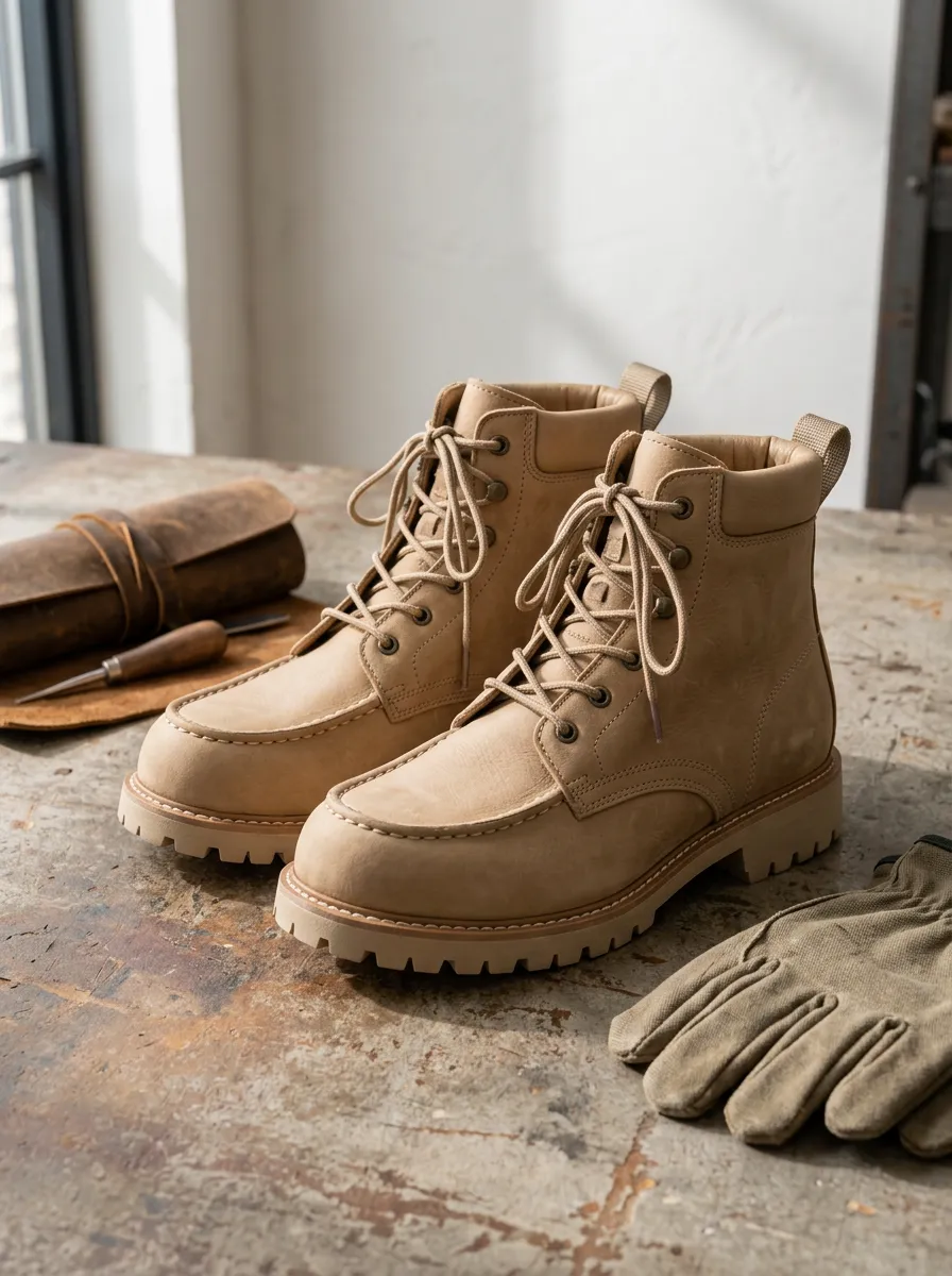 Unisex Adventure Tan Leather Moc Toe Lace-Up Work Boots
