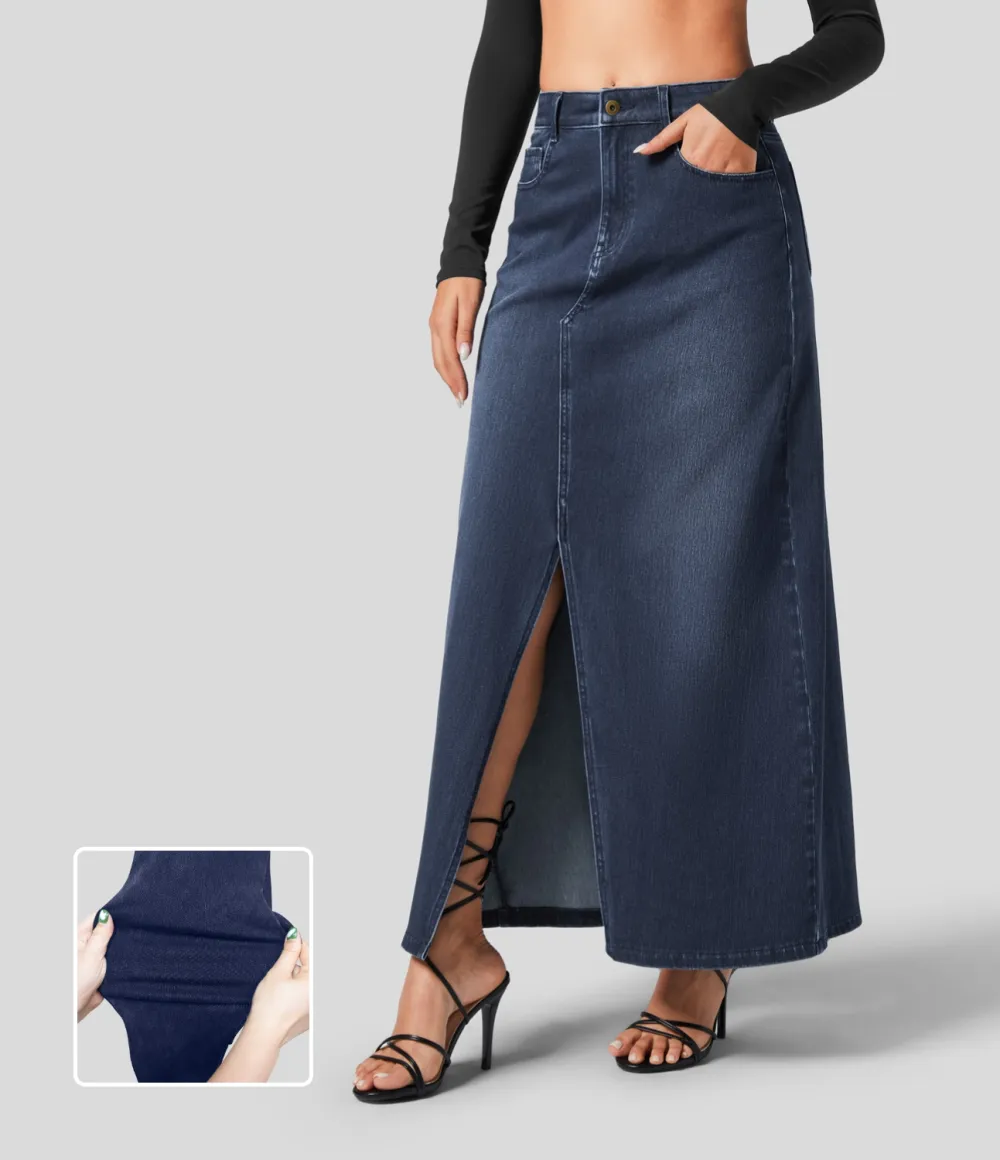 Magic Mid Rise Button Zipper Multiple Pockets Split A Line Stretchy Knit Denim Maxi Casual Skirt