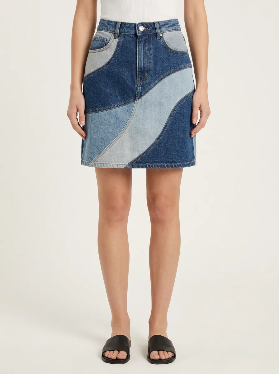 Women's Casual Fashion Colorblock Patchwork Denim Skirt
