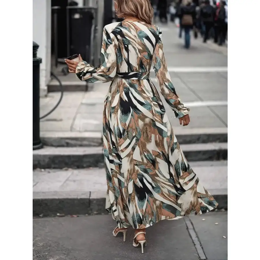 Printed Surplice Long Sleeve Maxi Dress