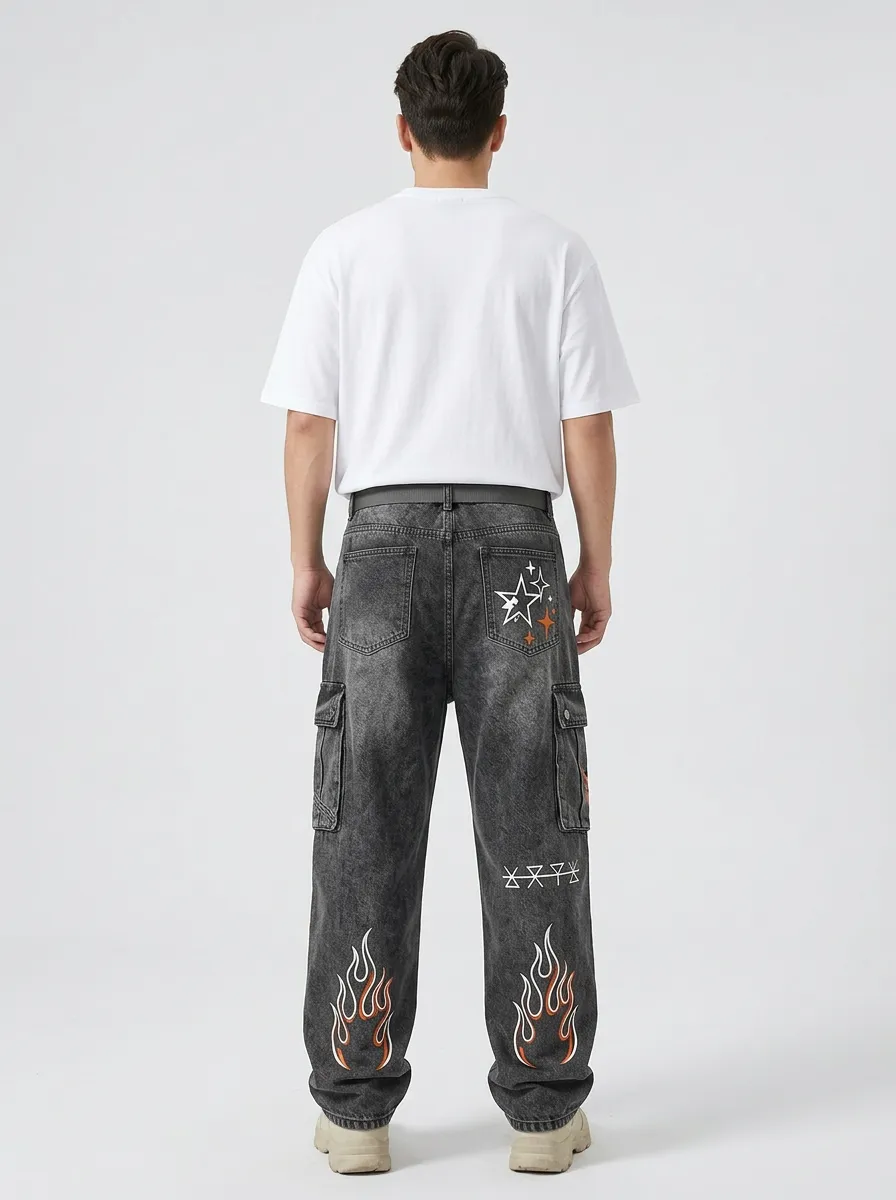 Unisex Streetwear Star Flame Cargo Jeans